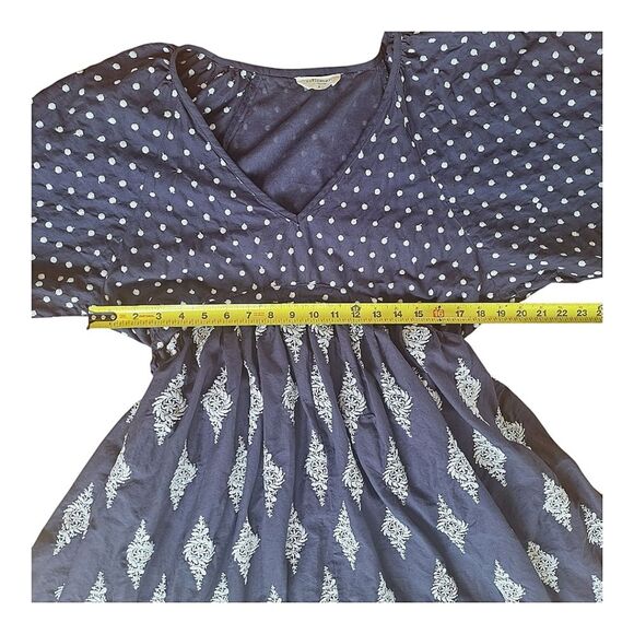 TALISMAN Gaia Dress Navy Blue 100% Cotton Lined Pockets Tie Back Embroidery L - Picture 8 of 16